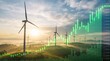 © Zawad - Dynamic financial growth chart superimposed over a wind farm at sunset, symbolizing the lucrative investment opportunities in renewable energy and a sustainable future economy