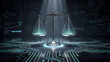 © Fikri Haikal - Digital balancing scale justice, fairness in modern technology environment. Holographic scales balance on illuminated datum background of ai circuitry. Innovation concept in abstract futuristic