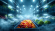 © Alex Alex - Rows of crates filled with bright, fresh vegetables and fruits in a cold warehouse, illuminated by neon lights and shrouded in fog, are a concept for storing food.