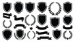 © hamad - A comprehensive vector graphic set containing various black shield emblems, laurel wreaths, and decorative ribbons for professional corporate identity design and modern heraldic branding projects.