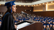 © Rishi - AI-generated fictional graduate speaking at podium before audience, commencement ceremony and academic leadership concept