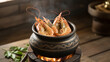 © Aleem - Steaming hot prawns are artfully presented in a traditional clay pot over a flickering flame, evoking a culinary experience.