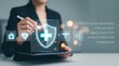 © Aura Graphics - Digital health insurance and medical protection concept with business professional verifying healthcare coverage policy on interface, representing safety, family protection, healthcare benefits