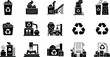 © SADIK - Recycling industrial processing icons set with waste management machinery and plant symbols.