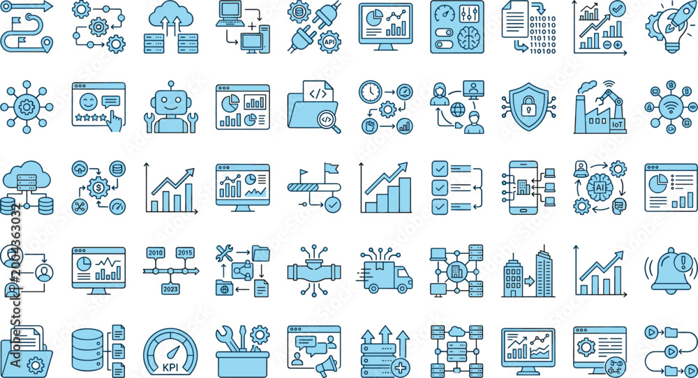 Blue business analytics icon set featuring data dashboard growth charts ...