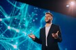 © Khawla - Dynamic Business Speaker at Tech Conference. businessman speaking at corporate conference, dynamic presentation on stage with large led screen.