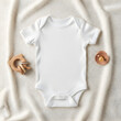 © ORNI - White baby bodysuit mockup on soft cream blanket with wooden toy and pacifier for nursery apparel and newborn fashion photography