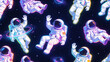 © infinityspark - Whimsical astronauts floating and waving in colorful space with glowing planets and stars.