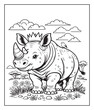 © Vect Village - Hand drawn cartoon rhino jungle animal coloring page for kids black vector line art illustration