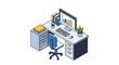 © faza - Isometric illustration of a modern office workspace with charts and data visualization