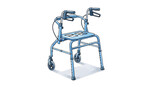 A blue walker with wheels and a frame is shown in a room environment.