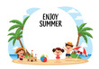 © Amie - Flat style vector banner template of kids enjoying summer vacation on a tropical beach, playing with sandcastle and umbrella, symbolizing fun, relaxation, and joyful holiday lifestyle