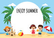 © Amie - Flat style vector banner template of kids enjoying summer vacation on a tropical beach, playing with sandcastle and umbrella, symbolizing fun, relaxation, and joyful holiday lifestyle