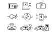 © Muhammad - Set of Minimalist Line Icons for Electric Vehicle Charging, Battery Status, Wireless Power, Smartphone Charging, EV Station, and Sustainable Energy Technology Symbols on White Background.