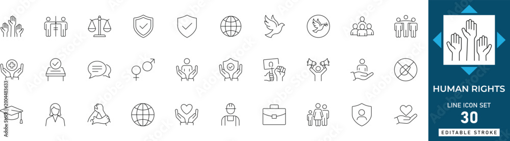 Human Rights line icon set featuring equality, justice, freedom, law ...
