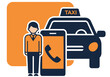 © Vector Factory - Modern taxi service icon. A man uses a smartphone to call a cab, depicted in a minimalist style with a vibrant orange and blue color scheme. Suitable for commercial use.