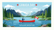 © tika - This flat design illustration captures the spirit of Canada Day with a serene outdoor scene featuring a canoe on a lake amidst Canadian wilderness.