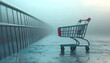 © HumblePride - Tiny Shopping Cart in the Mist: An empty miniature shopping cart stands alone on wet ground near a railing, shrouded in a thick mist, evoking a sense of solitude and anticipation.