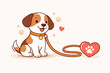 © MD SHAHIN - Cute cartoon puppy sitting on an orange leash ending in a heart with a paw print, symbolizing pet love, animal care, dog walking, and pet adoption. Vector illustration for animal lovers.