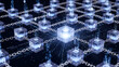 © SadikurRahman - Futuristic blockchain network with glowing blue cubes in dark background with neon lighting for technology and finance
