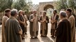 © W.O.W - Group of middle eastern men wearing robes gathered around a leader in ancient village. Biblical scene depicting a teacher preaching to disciples. Historical religious storytelling concept.