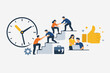 © MohitaHoque - Business Teamwork and Time Management Concept with People Helping Each Other Climb Stairs, Large Clock, Gear, and Thumbs Up Icon for Productivity, Success, Collaboration, and Career Growth.