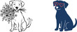 © Md - Cute Dog Icons Set with Puppy Holding Flowers and Sitting Dog with Heart Glasses for Pet, Love, and Vector Illustration