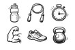 © Sujal - Hand Drawn Fitness Training Sketch Icon Collection in Black. Set of Water Bottle, Jump Rope, Stopwatch, Muscle Arm Bicep, Running Shoe Sneaker, and Kettlebell for Gym Workout and Exercise Design.