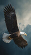 © overrust - bald eagle soaring in clear blue sky, majestic bald eagle in flight wings spread, american bald eagle gliding through open sky