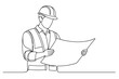 © Anas - Continuous Line Drawing of a Professional Male Engineer or Construction Worker Wearing a Hard Hat and Safety Vest Holding a Blueprint Plan, Minimalist One Line Art Style Vector Illustration
