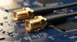 © Mahmuda - Gold-plated SMA RF connectors on circuit board| High frequency coaxial cables for telecommunications |Macro view of electronic components and PCB| Wireless technology hardware