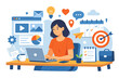 © Shahin - Flat vector illustration of a professional woman working on a laptop at a desk with digital marketing, social media, and business planning icons for productivity and content creation.