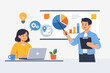 © Md Yasin Ali Rifat - Business Team Collaboration Illustration with Man Presenting Data on Whiteboard and Woman Working on Laptop, Project Management, Strategic Planning, and Creative Idea Generation Concept.