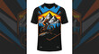 © Muhammad - A black short-sleeved t-shirt with a colorful mountain design on the front, displayed on a white background with partial views of the shirt's sleeve designs.