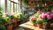 © Viktor - Sunlit flower shop filled with potted peonies, hydrangeas on rustic wooden tables. Shelves hold plants, gardening tools, offering calm, inviting atmosphere for plant lovers seeking unique botanical