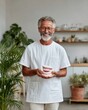 © shamek - dentist holding a model of teeth and gums, explaining something to the camera