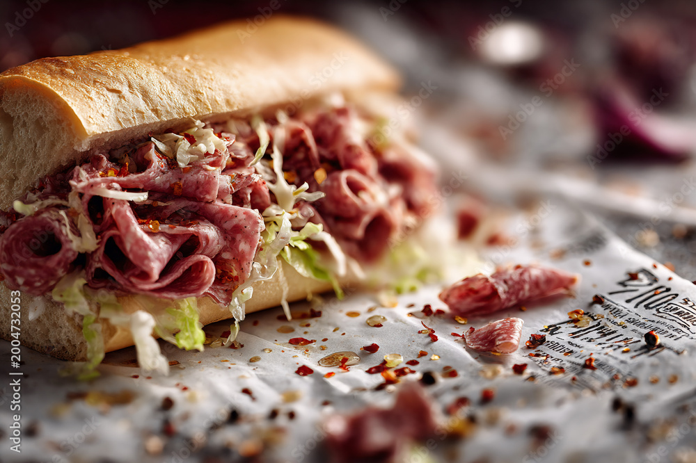 Authentic chopped Italian sub sandwich with deli meats and vinaigrette ...