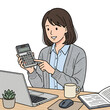 © Jumpei - 電卓を使いながらノートパソコンで仕事をする笑顔のビジネスウーマン