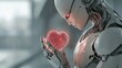 © Megin Design - 赤く発光するワイヤーフレームのハートを見つめる人型ロボット。人工知能と感情の概念