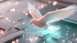 © Megin Design - 電子回路基板の上を飛ぶ光る粒子で構成された鳥。オレンジと青緑色に発光するデジタルデータ転送とネットワーク通信の概念