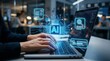 © karim - supporting business processes with intelligent automation technology. Artificial intelligence analyzing data and generating reports. Businessman using laptop computer.