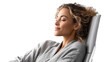 © Maksym - Relaxed woman with closed eyes leaning back in chair enjoying calm mindful break on transparent background