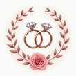 © Maryna - Two diamond engagement rings intertwined within a rose and leaf wreath. Romantic symbol for marriage, union, and everlasting love. Elegant design for wedding invitations or jewelry ads.