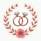 Two diamond engagement rings intertwined within a rose and leaf wreath. Romantic symbol for marriage, union, and everlasting love. Elegant design for wedding invitations or jewelry ads.