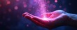 © Maryna - Abstract image of hand holding pink glowing particles. Swirling light streaks create magic effect in dark background. Dreamlike scene with bokeh lights.