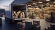 © jendralbiribiri - Large semi truck being loaded with stacked cardboard boxes onto pallets inside a brightly lit industrial warehouse facility during twilight hours