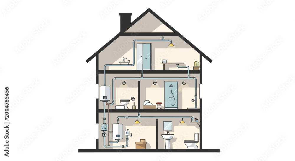 Pipe Inside House Cross-Section Illustration: Internal Plumbing, Water Heating, and ...