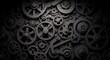© Husnayaini - A detailed close-up of interconnected matte black gears and mechanical parts arranged in a complex industrial system with dramatic lighting.