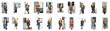 © Juan - Collection of minimalist flat illustrations featuring diverse commuters in a subway station wearing grey coats and bright yellow scarves.