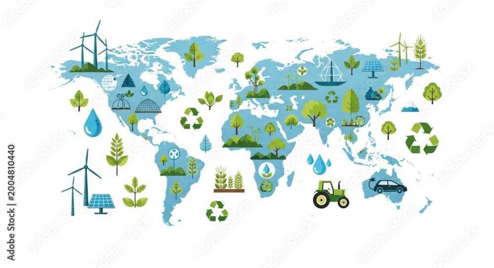 World Map Illustrating Environmental Sustainability and Renewable ...